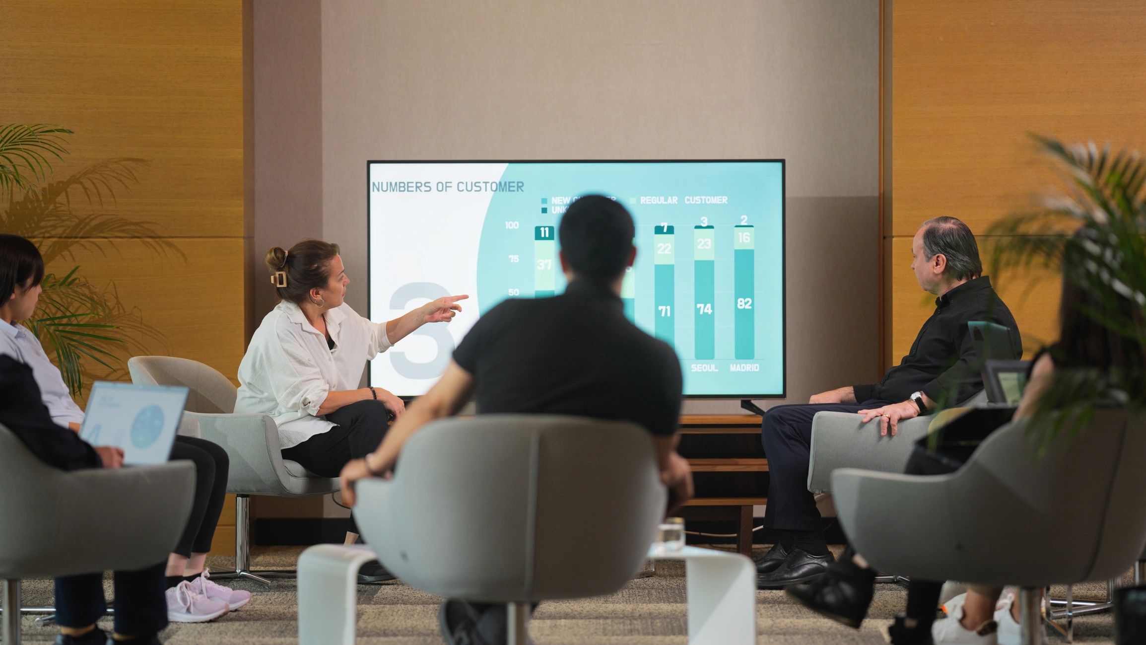 Workshop-style meeting with a team listening to a presentation